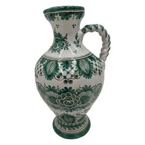 Vtg MCM Italian Terracotta Vase Pitcher Green Floral Twisted Handle Signed 'NR'
